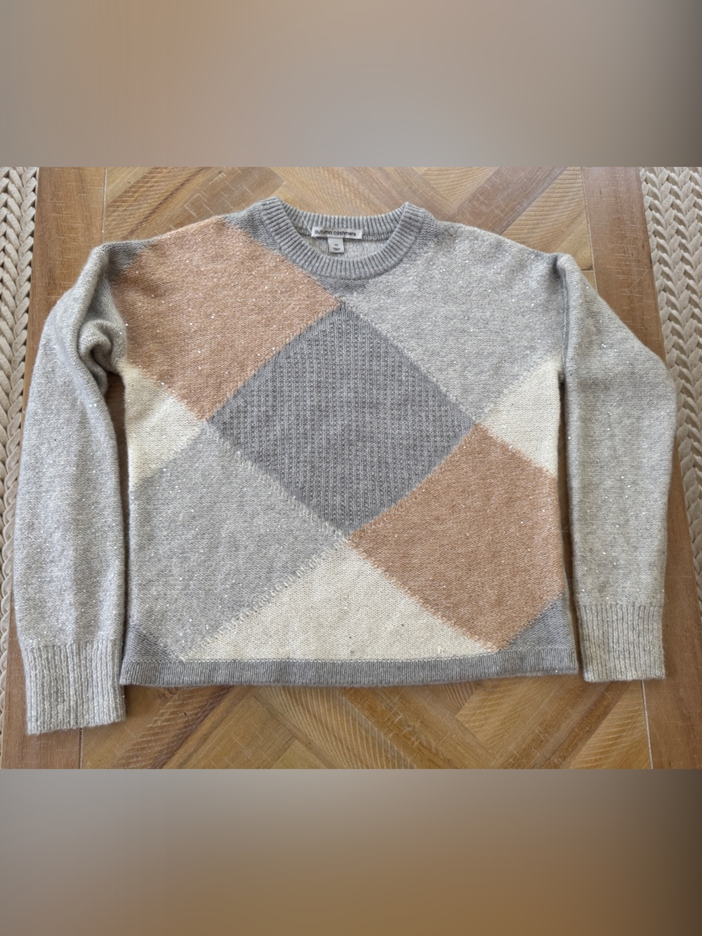 Autumn Cashmere Women's Argyle Crewneck Cashmere Sweater - Gray, Cream & Tan